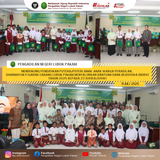 Mendukung Pendidikan Putera/Puteri Anak-Anak Warga Peradilan, Dharmayukti Karini Cabang Lubuk Pakam Menyalurkan Bantuan Dana Beasiswa (BDBS) Tahun 2025 Kepada 23 Siswa/Siswi